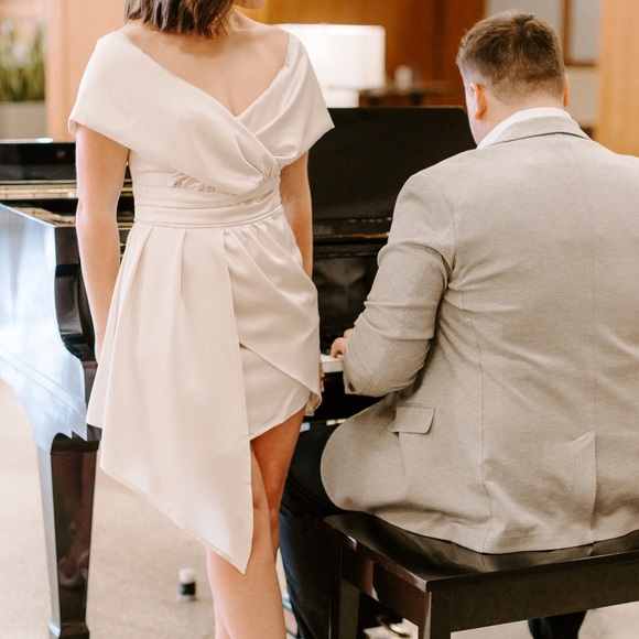 Satin Ivory Off the Shoulder Short Mini Dress - Picture 4 of 4